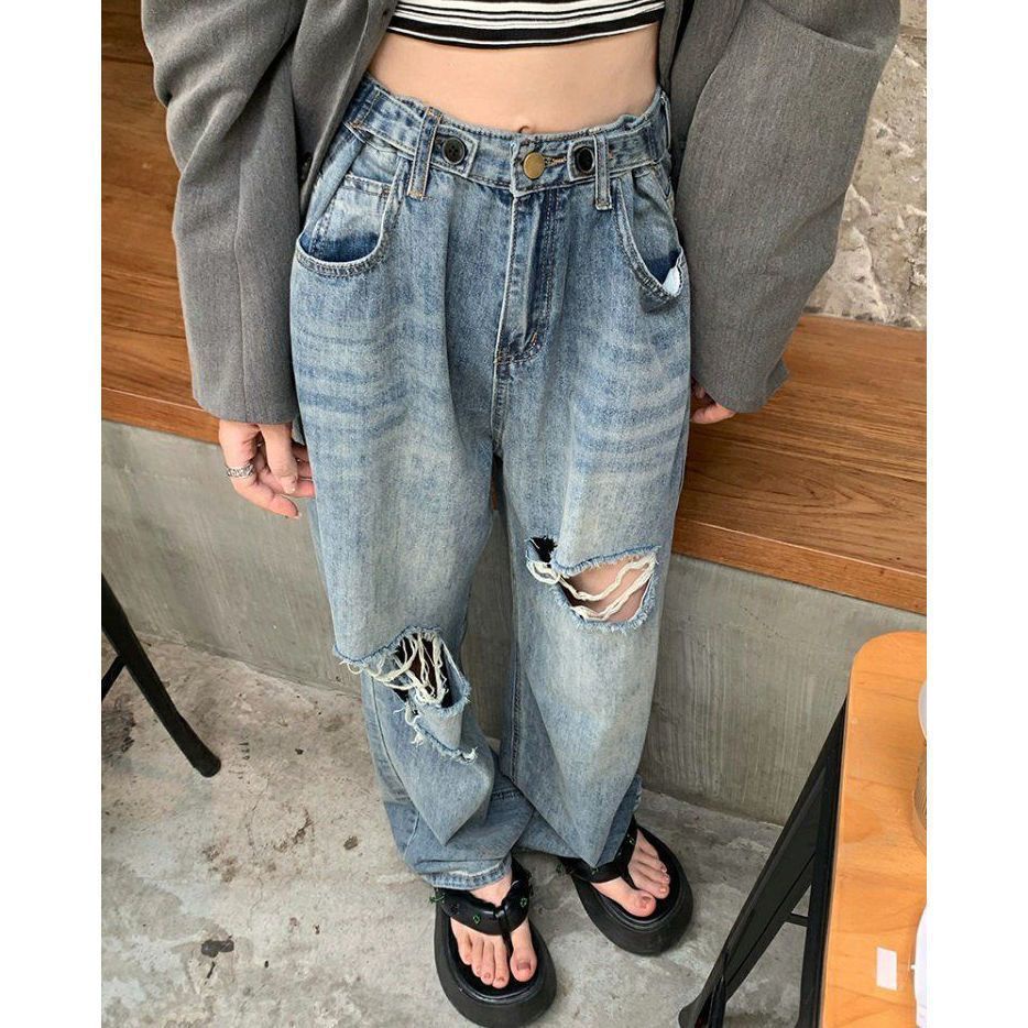 Jiashucheng Quần Jean Nữ Lưng Cao Ống Rộng Rách Gối Phong Cách Retro Đường Phố Mùa Hè