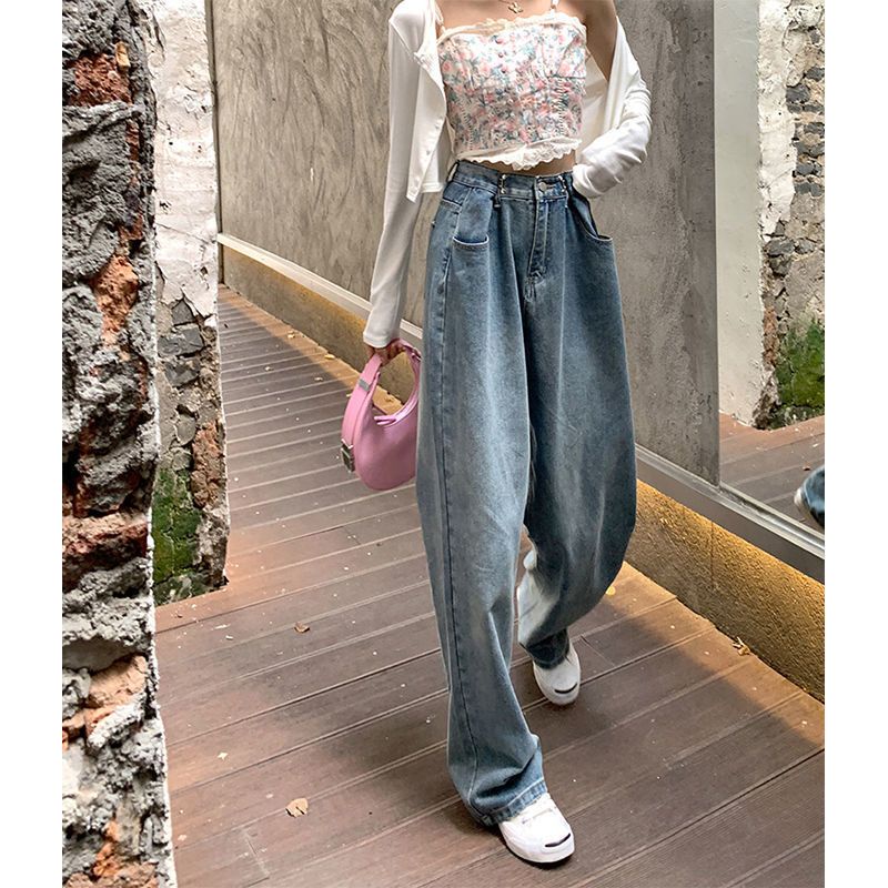 Quần Jean Nữ Ống Rộng Lưng Cao Tôn Dáng Phong Cách Hàn Quốc Thời Trang Xuân Thu
