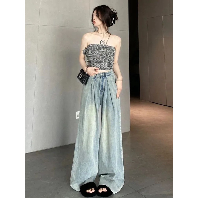 Jiashucheng Quần Jean Nữ Ống Loe Rộng Hình Quả Lê Phong Cách Retro Mùa Hè Mặc Được Cải Thiện Thịnh Hành Ôm Dáng Quyến Rũ