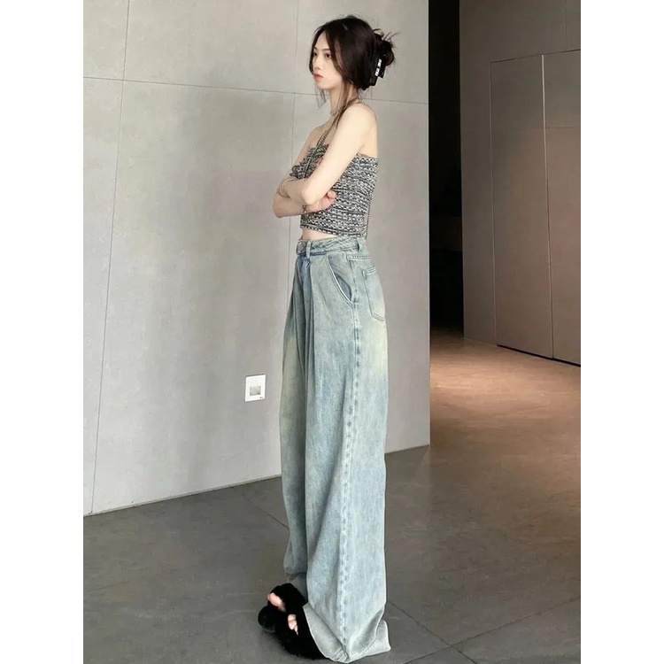 Jiashucheng Quần Jean Nữ Ống Loe Rộng Hình Quả Lê Phong Cách Retro Mùa Hè Mặc Được Cải Thiện Thịnh Hành Ôm Dáng Quyến Rũ