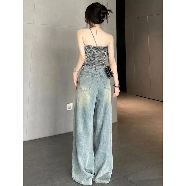Jiashucheng Quần Jean Nữ Ống Loe Rộng Hình Quả Lê Phong Cách Retro Mùa Hè Mặc Được Cải Thiện Thịnh Hành Ôm Dáng Quyến Rũ