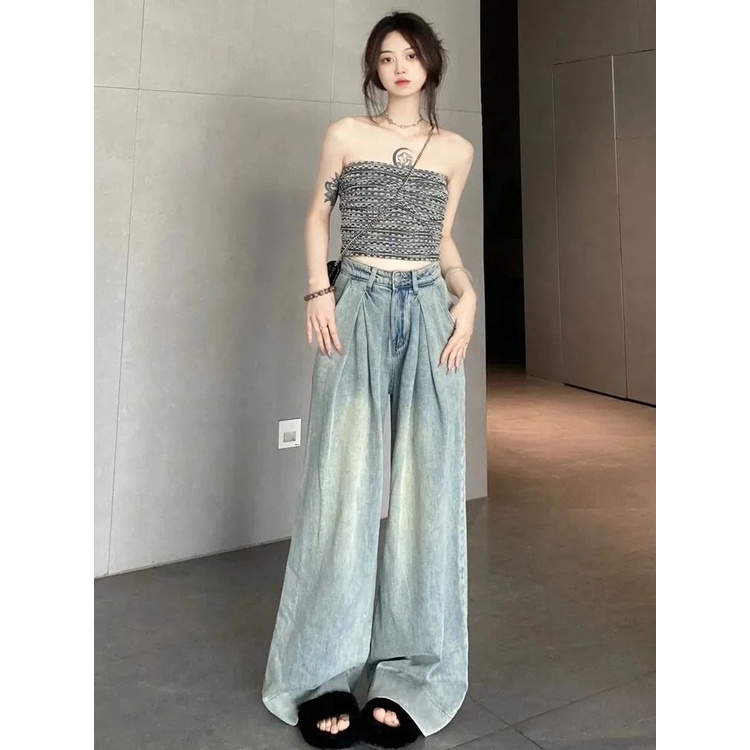 Jiashucheng Quần Jean Nữ Ống Loe Rộng Hình Quả Lê Phong Cách Retro Mùa Hè Mặc Được Cải Thiện Thịnh Hành Ôm Dáng Quyến Rũ