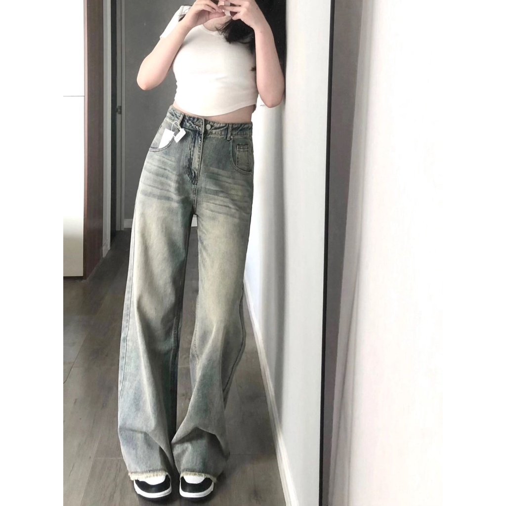 Jiashucheng Quần Jean Ống Rộng Sờn Cạp Cao Phong Cách Đường Phố Mỹ Retro Mùa Thu Cho Nữ
