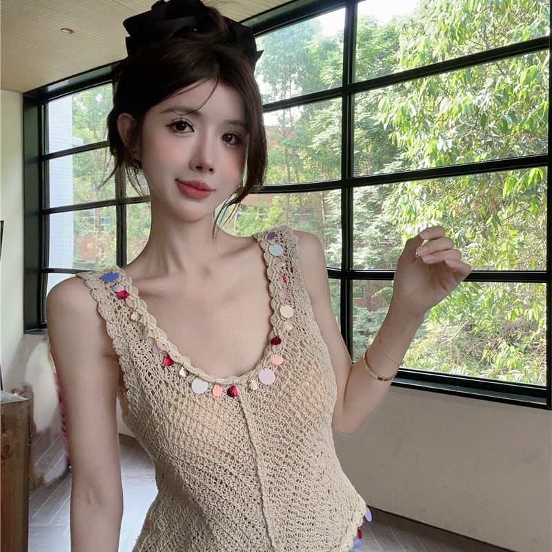 Jiashucheng Áo Dệt Kim Sát Nách Cổ Chữ U Đính Kim Sa Phong Cách Dân Tộc Thời Trang Mùa Hè Cho Nữ