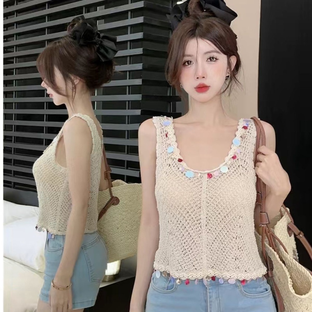 Jiashucheng Áo Dệt Kim Sát Nách Cổ Chữ U Đính Kim Sa Phong Cách Dân Tộc Thời Trang Mùa Hè Cho Nữ