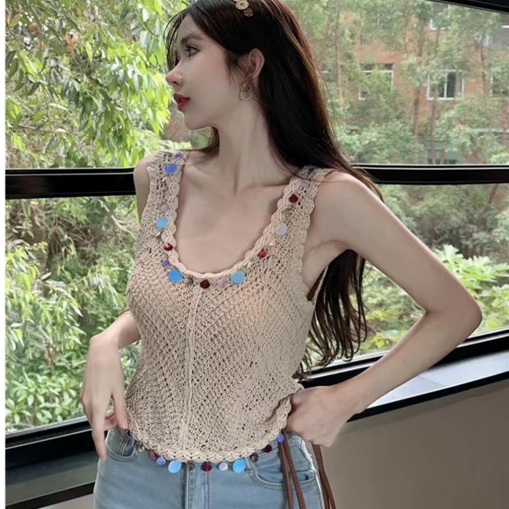 Jiashucheng Áo Dệt Kim Sát Nách Cổ Chữ U Đính Kim Sa Phong Cách Dân Tộc Thời Trang Mùa Hè Cho Nữ