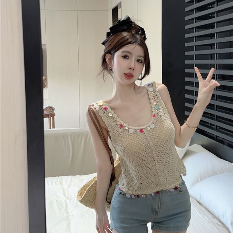 Jiashucheng Áo Dệt Kim Sát Nách Cổ Chữ U Đính Kim Sa Phong Cách Dân Tộc Thời Trang Mùa Hè Cho Nữ