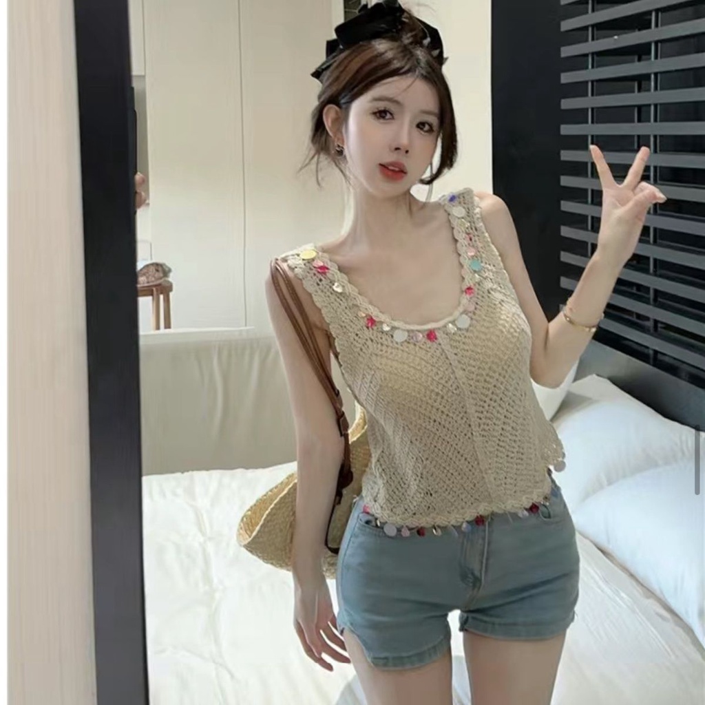 Jiashucheng Áo Dệt Kim Sát Nách Cổ Chữ U Đính Kim Sa Phong Cách Dân Tộc Thời Trang Mùa Hè Cho Nữ