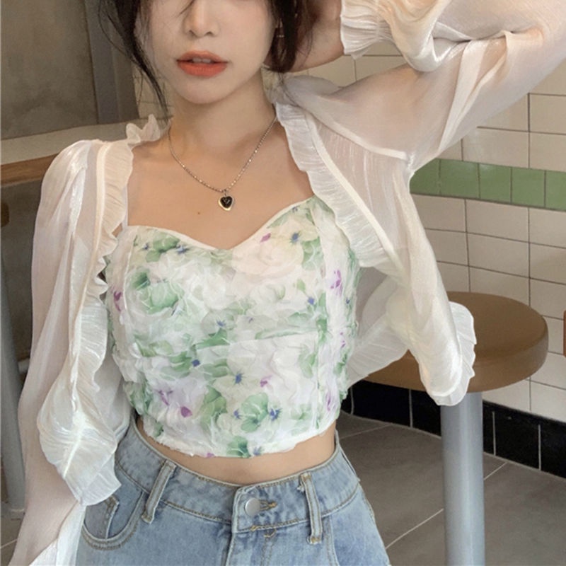 Jiashucheng Áo Ống Ôm Ngực Họa Tiết Hoa Phong Cách Hàn Quốc Thời Trang Mùa Hè Cho Nữ