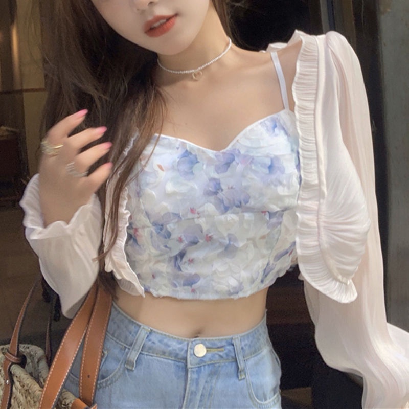 Jiashucheng Áo Ống Ôm Ngực Họa Tiết Hoa Phong Cách Hàn Quốc Thời Trang Mùa Hè Cho Nữ
