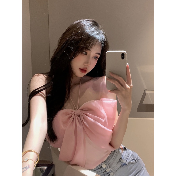 Jiashucheng Áo Ống Thắt Nơ Cổ Màu Hồng Thiết Kế Phong Cách Mới Mùa Hè Cho Nữ