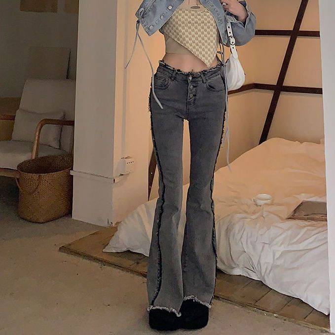 Jiashucheng Quần Jean Nữ Ống Loe Lưng Thấp Cài Khuy Bất Đối Xứng Phong Cách Hàn Quốc Mới