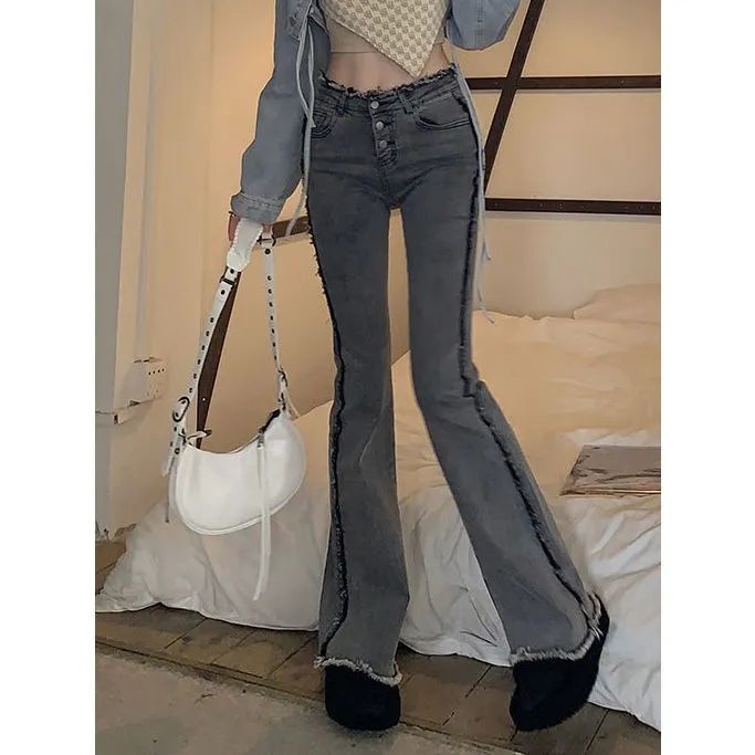 Jiashucheng Quần Jean Nữ Ống Loe Lưng Thấp Cài Khuy Bất Đối Xứng Phong Cách Hàn Quốc Mới