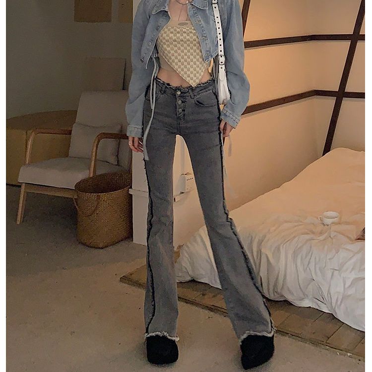 Jiashucheng Quần Jean Nữ Ống Loe Lưng Thấp Cài Khuy Bất Đối Xứng Phong Cách Hàn Quốc Mới