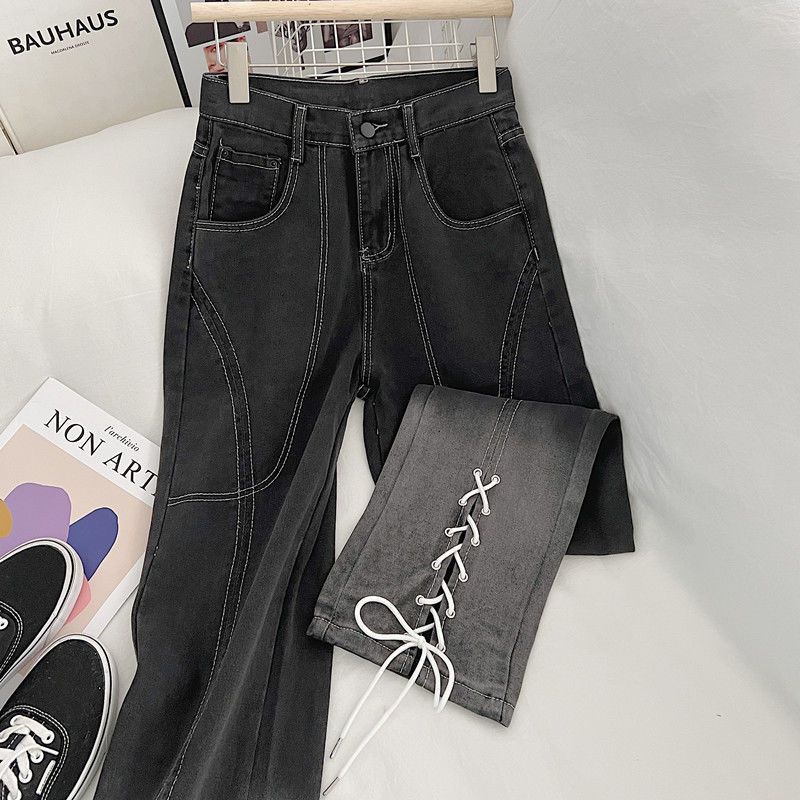 Jiashucheng Quần Jean Ống Rộng Thắt Dây Màu Gradient Phong Cách Đường Phố Xuân Hè Mới Cho Nữ