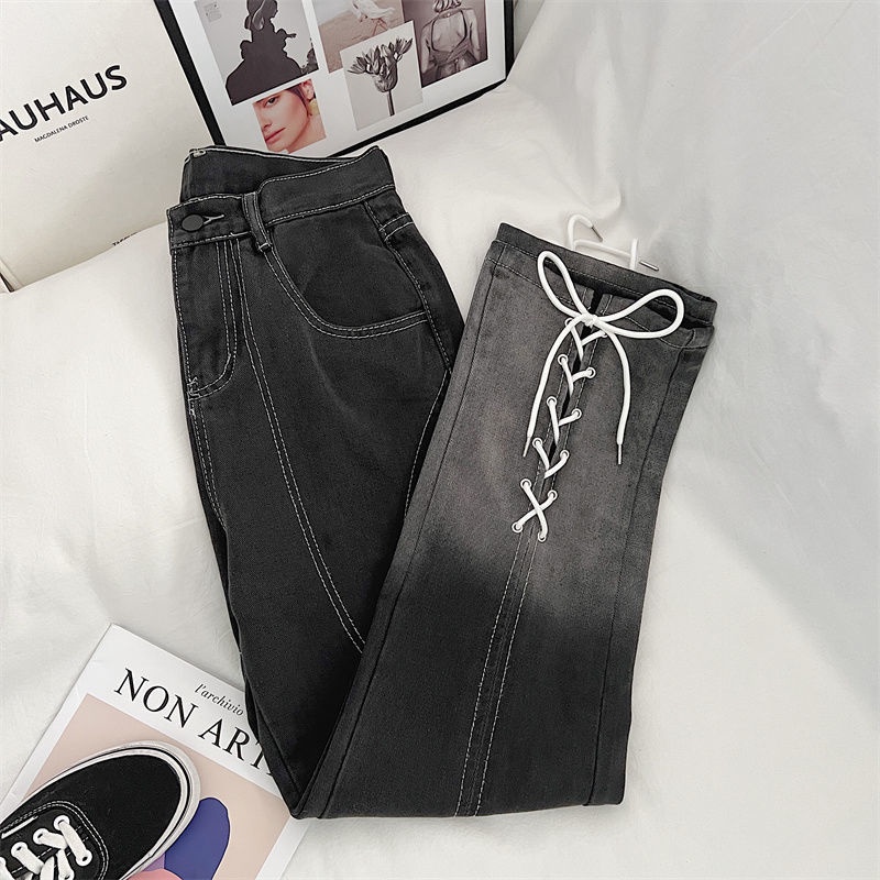 Jiashucheng Quần Jean Ống Rộng Thắt Dây Màu Gradient Phong Cách Đường Phố Xuân Hè Mới Cho Nữ