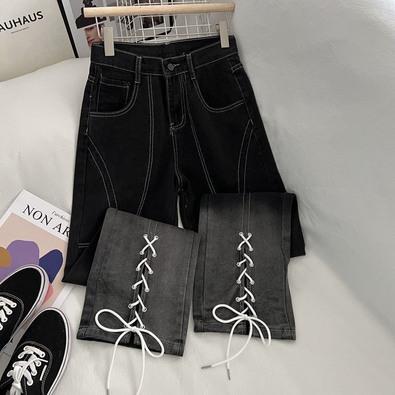 Jiashucheng Quần Jean Ống Rộng Thắt Dây Màu Gradient Phong Cách Đường Phố Xuân Hè Mới Cho Nữ