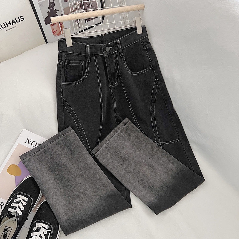 Jiashucheng Quần Jean Ống Rộng Thắt Dây Màu Gradient Phong Cách Đường Phố Xuân Hè Mới Cho Nữ