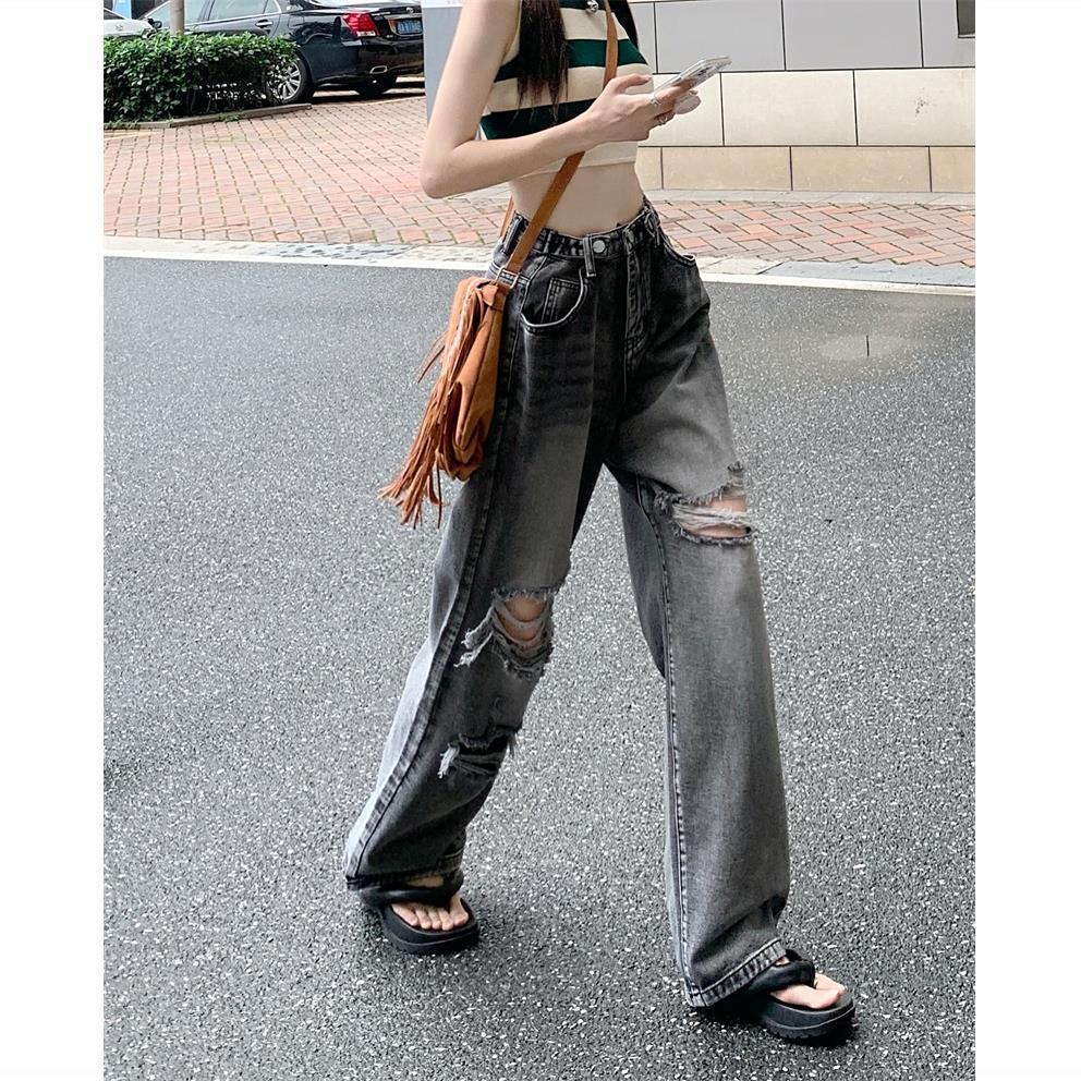 Jiashucheng Quần Jean Dài Lưng Cao Ống Rộng Phối Rách Kiểu Retro Đường Phố Cá Tính Cho Nữ