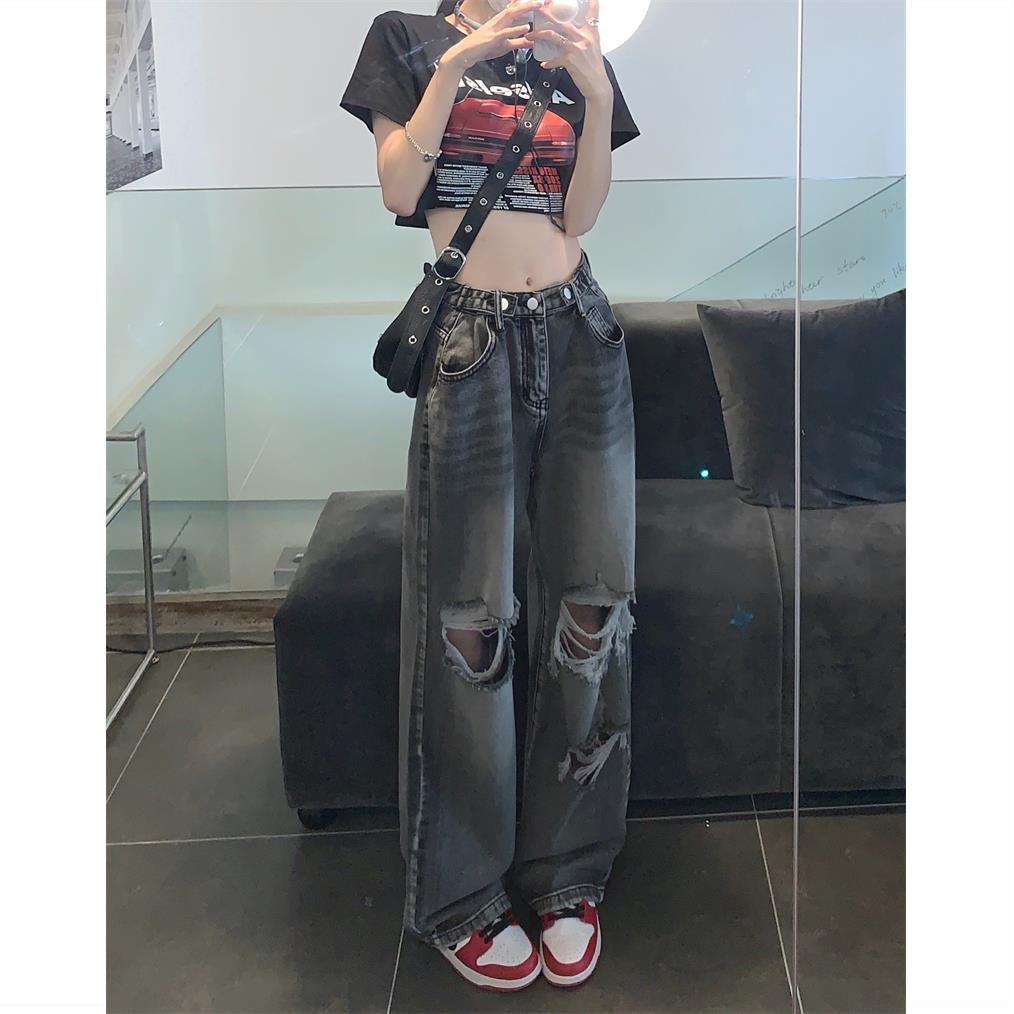 Jiashucheng Quần Jean Dài Lưng Cao Ống Rộng Phối Rách Kiểu Retro Đường Phố Cá Tính Cho Nữ