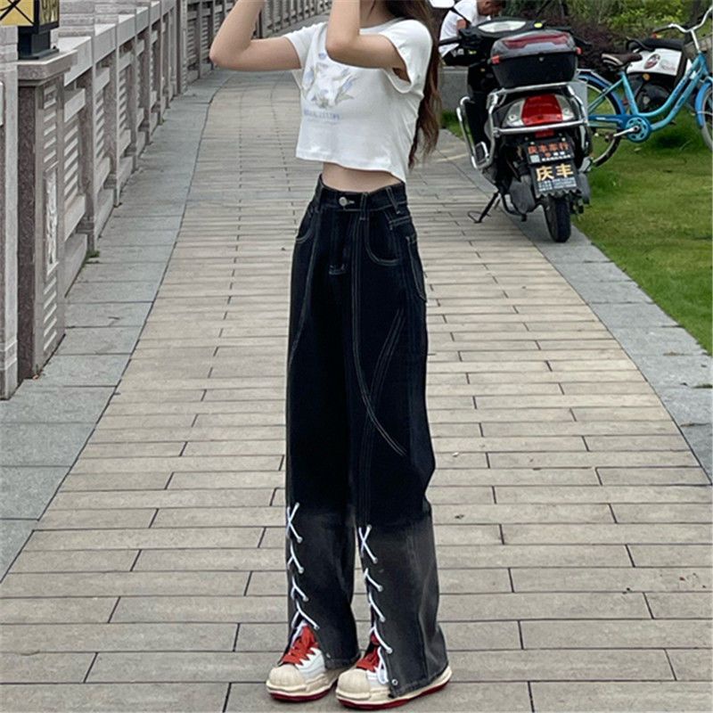 Jiashucheng Quần Jean Nữ Ống Rộng Lưng Cao Màu Gradient Phong Cách Hàn Quốc Thiết Kế Mới Mùa Xuân Hè Niche