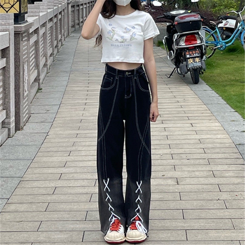 Jiashucheng Quần Jean Nữ Ống Rộng Lưng Cao Màu Gradient Phong Cách Hàn Quốc Thiết Kế Mới Mùa Xuân Hè Niche