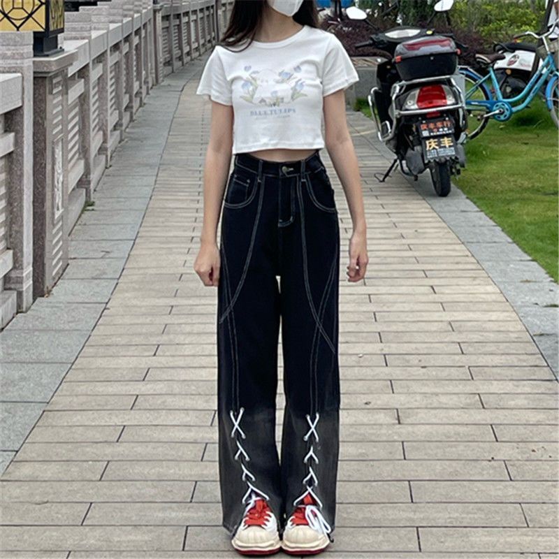 Jiashucheng Quần Jean Nữ Ống Rộng Lưng Cao Màu Gradient Phong Cách Hàn Quốc Thiết Kế Mới Mùa Xuân Hè Niche