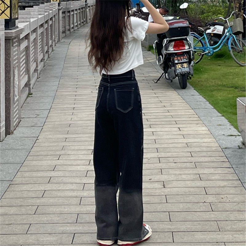 Jiashucheng Quần Jean Nữ Ống Rộng Lưng Cao Màu Gradient Phong Cách Hàn Quốc Thiết Kế Mới Mùa Xuân Hè Niche