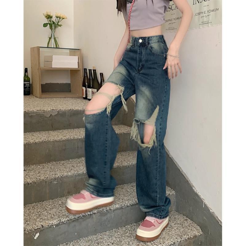 Jiashucheng Quần Jean Rách Dáng Suông Rách Phong Cách Đường Phố Mỹ Mùa Hè Mới Cho Nữ