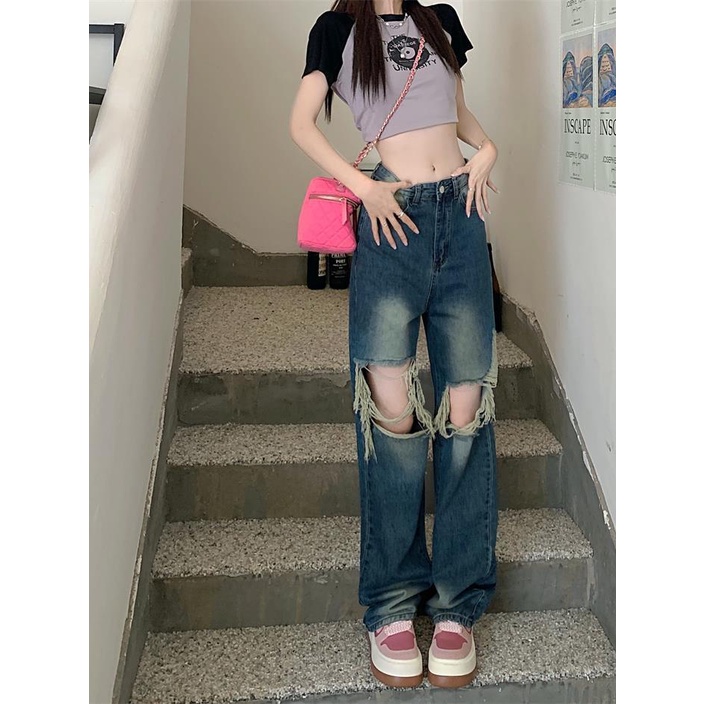 Jiashucheng Quần Jean Rách Dáng Suông Rách Phong Cách Đường Phố Mỹ Mùa Hè Mới Cho Nữ