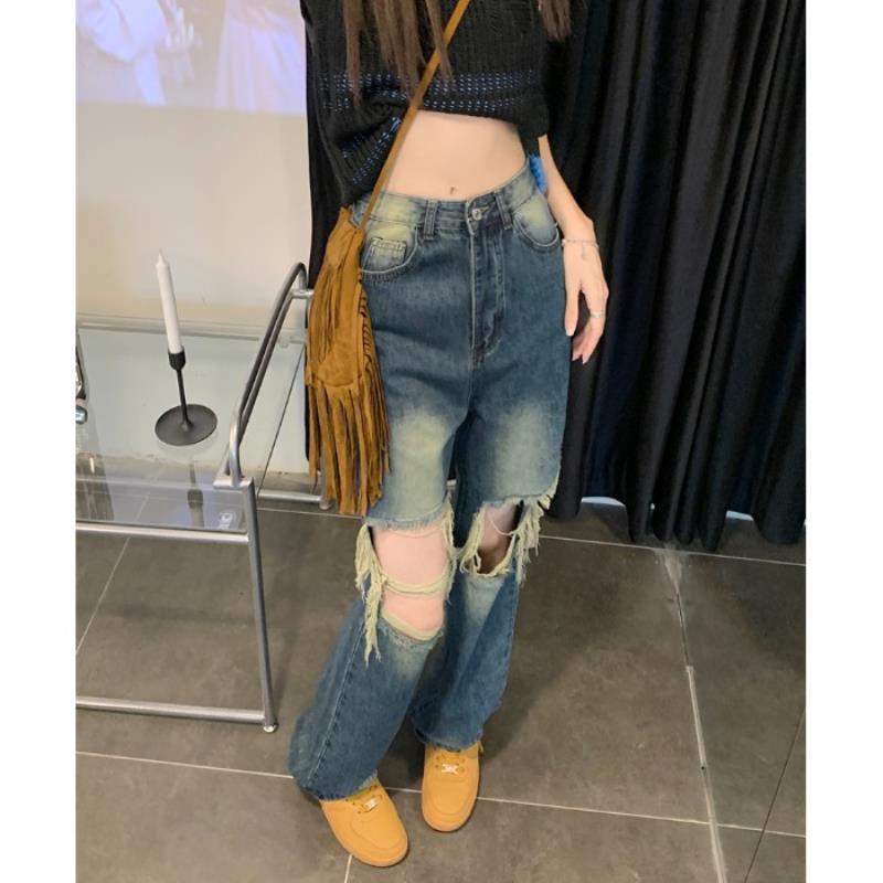 Jiashucheng Quần Jean Rách Dáng Suông Rách Phong Cách Đường Phố Mỹ Mùa Hè Mới Cho Nữ