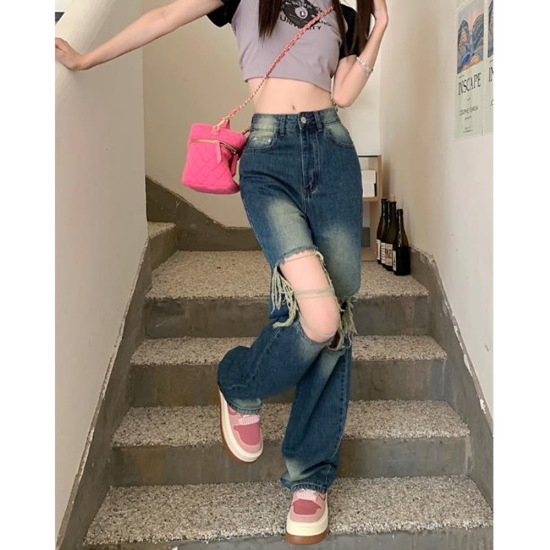 Jiashucheng Quần Jean Rách Dáng Suông Rách Phong Cách Đường Phố Mỹ Mùa Hè Mới Cho Nữ