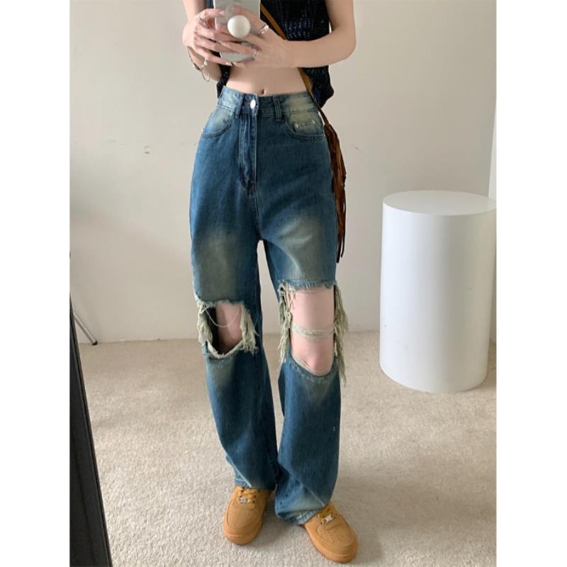 Jiashucheng Quần Jean Rách Dáng Suông Rách Phong Cách Đường Phố Mỹ Mùa Hè Mới Cho Nữ