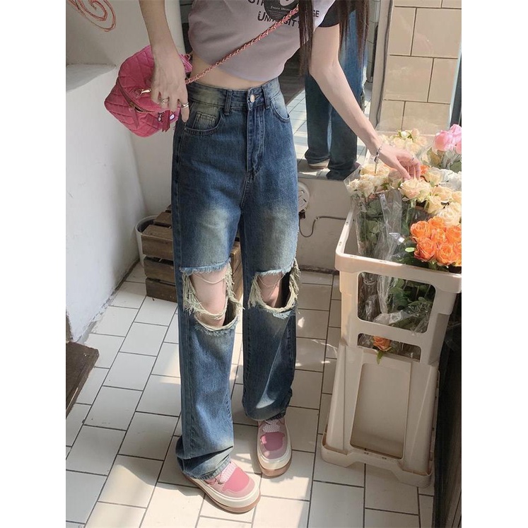 Jiashucheng Quần Jean Rách Dáng Suông Rách Phong Cách Đường Phố Mỹ Mùa Hè Mới Cho Nữ