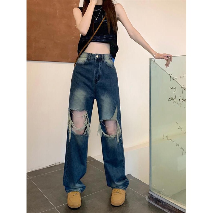 Jiashucheng Quần Jean Rách Dáng Suông Rách Phong Cách Đường Phố Mỹ Mùa Hè Mới Cho Nữ