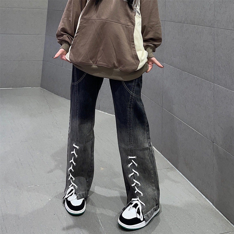 Jiashucheng Quần Jean Ống Rộng Lưng Cao Cột Dây Màu Gradient Phong Cách Mỹ Mới Cho Nữ