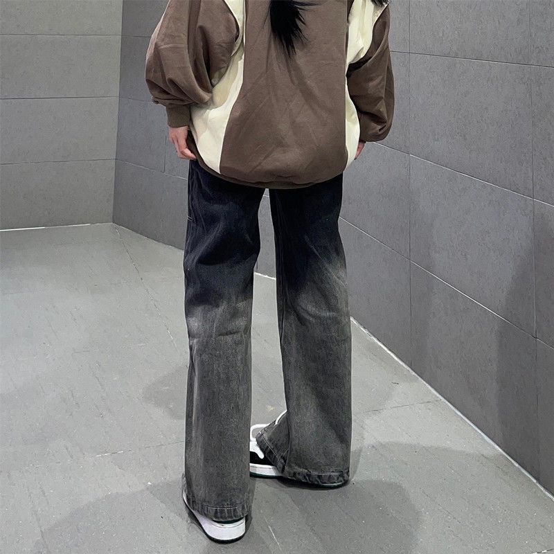 Jiashucheng Quần Jean Ống Rộng Lưng Cao Cột Dây Màu Gradient Phong Cách Mỹ Mới Cho Nữ