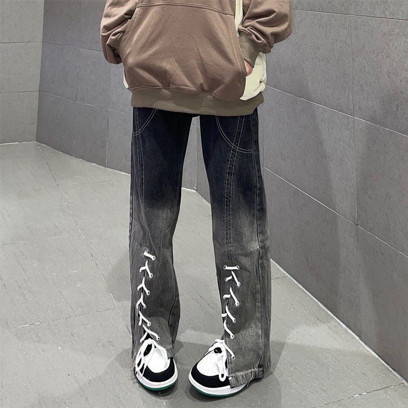 Jiashucheng Quần Jean Ống Rộng Lưng Cao Cột Dây Màu Gradient Phong Cách Mỹ Mới Cho Nữ