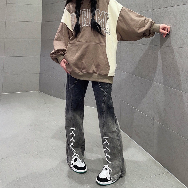 Jiashucheng Quần Jean Ống Rộng Lưng Cao Cột Dây Màu Gradient Phong Cách Mỹ Mới Cho Nữ