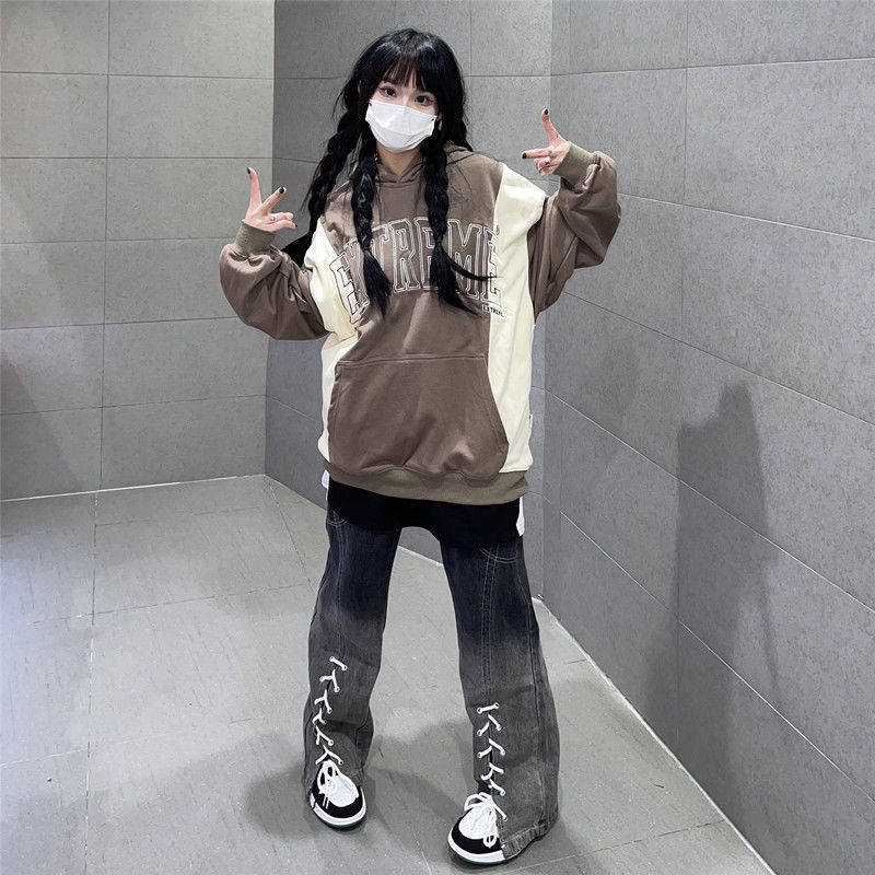 Jiashucheng Quần Jean Ống Rộng Lưng Cao Cột Dây Màu Gradient Phong Cách Mỹ Mới Cho Nữ