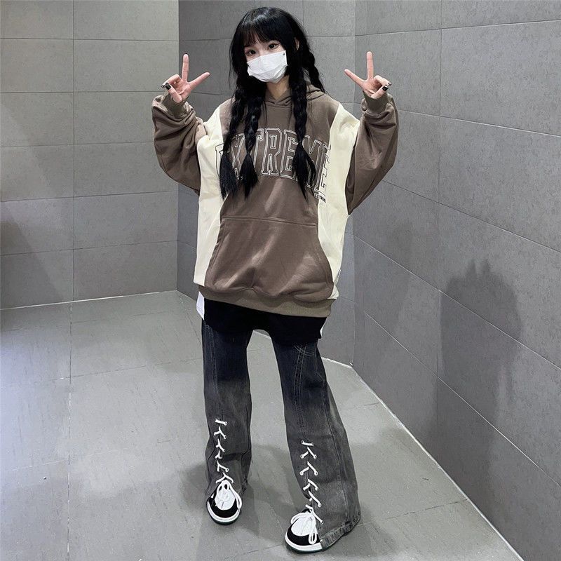 Jiashucheng Quần Jean Ống Rộng Lưng Cao Cột Dây Màu Gradient Phong Cách Mỹ Mới Cho Nữ