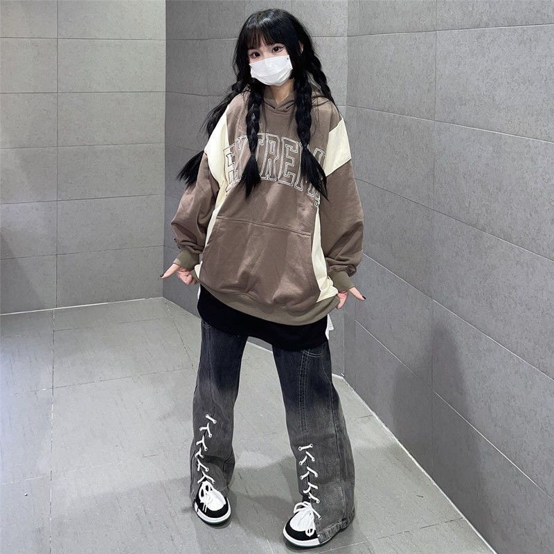 Jiashucheng Quần Jean Ống Rộng Lưng Cao Cột Dây Màu Gradient Phong Cách Mỹ Mới Cho Nữ