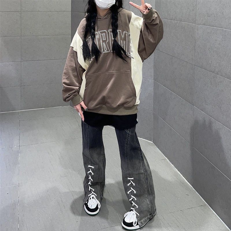 Jiashucheng Quần Jean Ống Rộng Lưng Cao Cột Dây Màu Gradient Phong Cách Mỹ Mới Cho Nữ