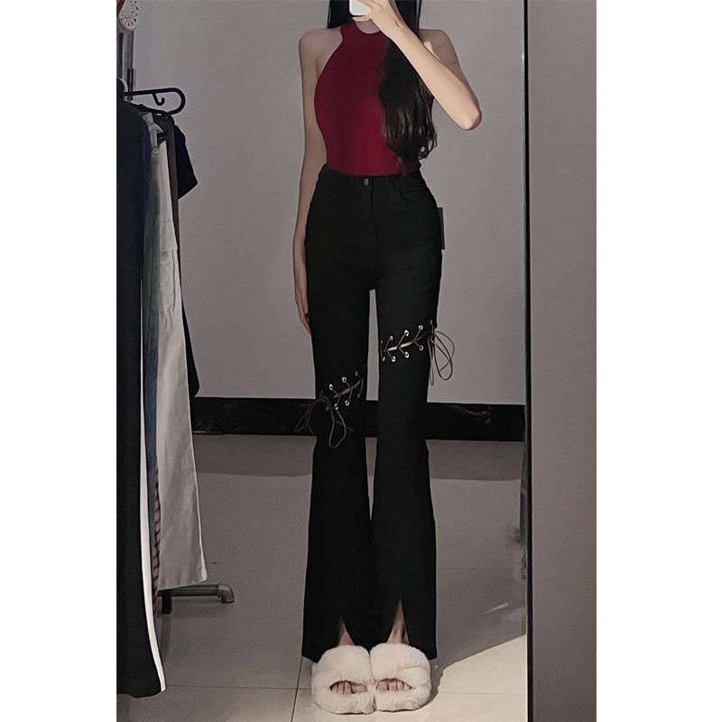 Jiashucheng Quần Jean Đen Lưng Cao Xẻ Tà Cột Dây Nhẹ Nhàng Phong Cách Hàn Quốc Dễ Phối Đồ Cho Nữ