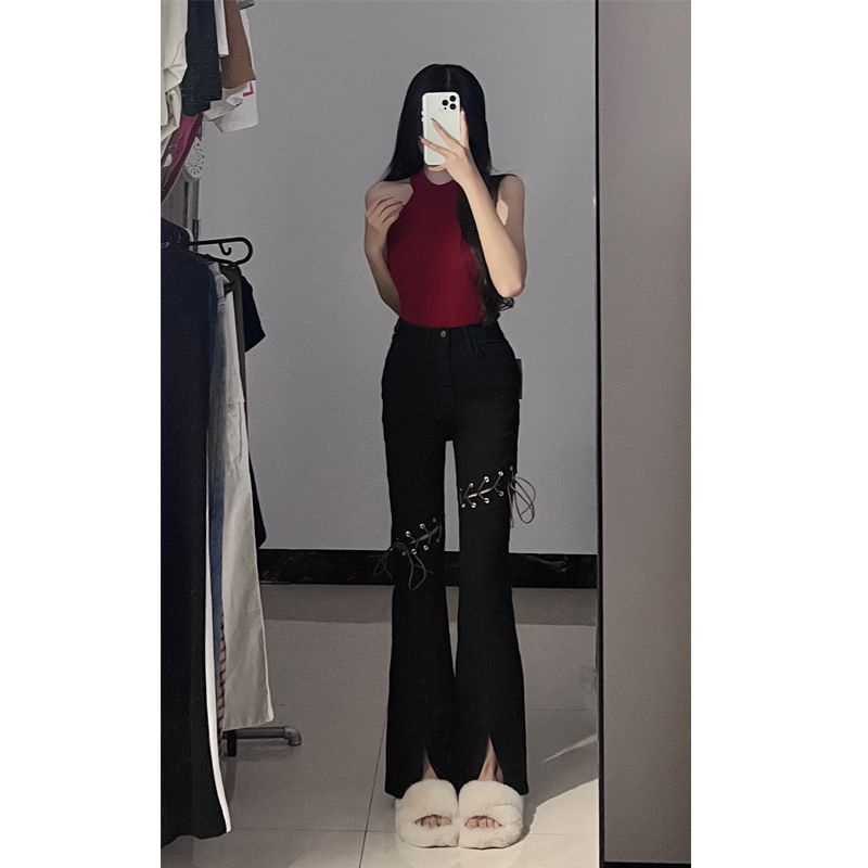 Jiashucheng Quần Jean Đen Lưng Cao Xẻ Tà Cột Dây Nhẹ Nhàng Phong Cách Hàn Quốc Dễ Phối Đồ Cho Nữ