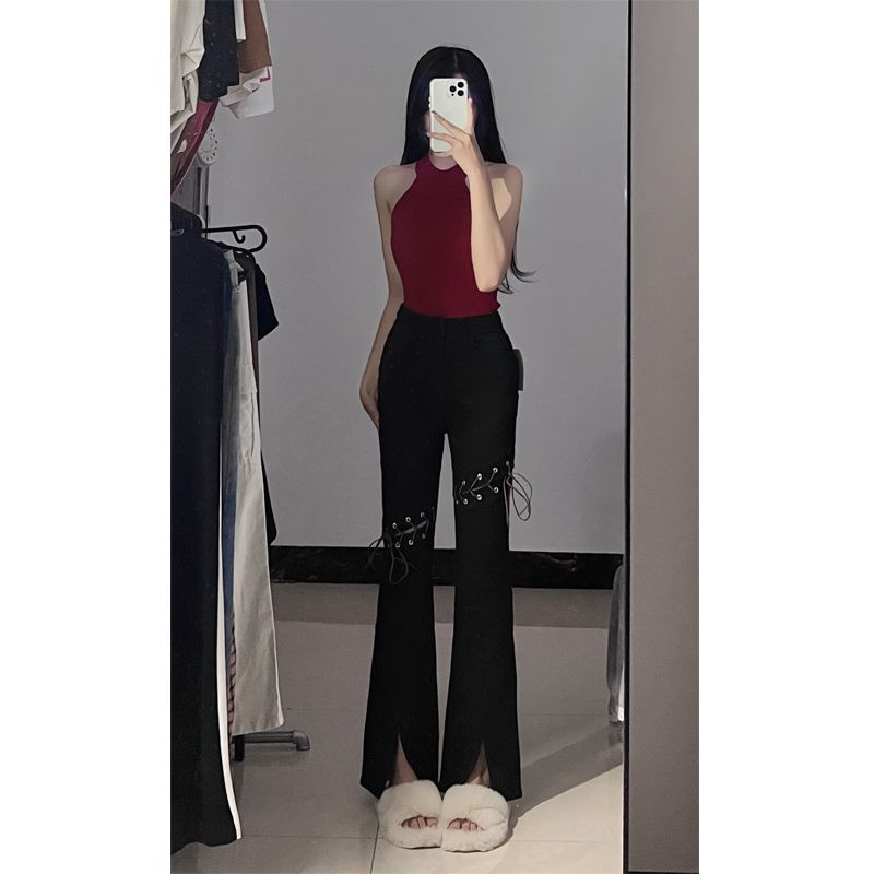 Jiashucheng Quần Jean Đen Lưng Cao Xẻ Tà Cột Dây Nhẹ Nhàng Phong Cách Hàn Quốc Dễ Phối Đồ Cho Nữ