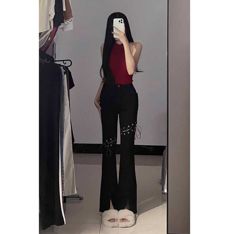 Jiashucheng Quần Jean Đen Lưng Cao Xẻ Tà Cột Dây Nhẹ Nhàng Phong Cách Hàn Quốc Dễ Phối Đồ Cho Nữ