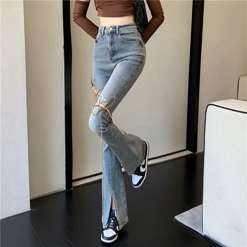 Jiashucheng Quần Jean Eo Cao Dáng Ôm Phối Dây Cột Xẻ Tà Nhẹ Nhàng Phong Cách Mới Mùa Hè Dành Cho Bạn Nữ