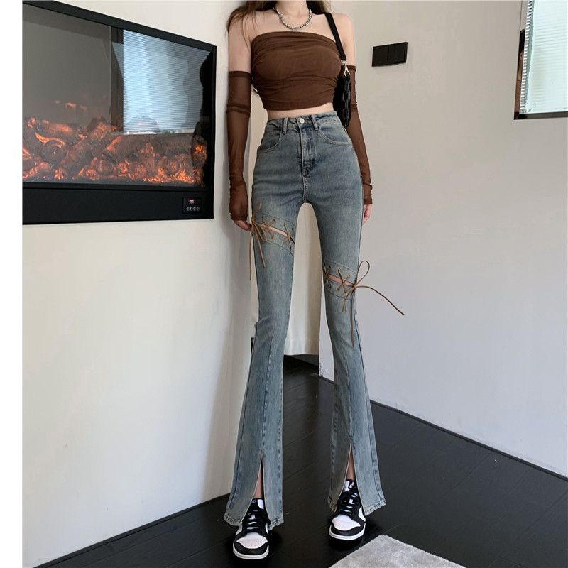 Jiashucheng Quần Jean Eo Cao Dáng Ôm Phối Dây Cột Xẻ Tà Nhẹ Nhàng Phong Cách Mới Mùa Hè Dành Cho Bạn Nữ