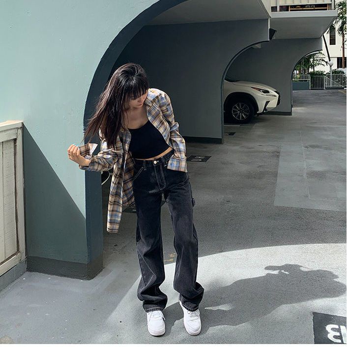 Jiashucheng Quần Denim Ống Rộng Lưng Cao Phong Cách Mới Xuân Hè Cho Nữ